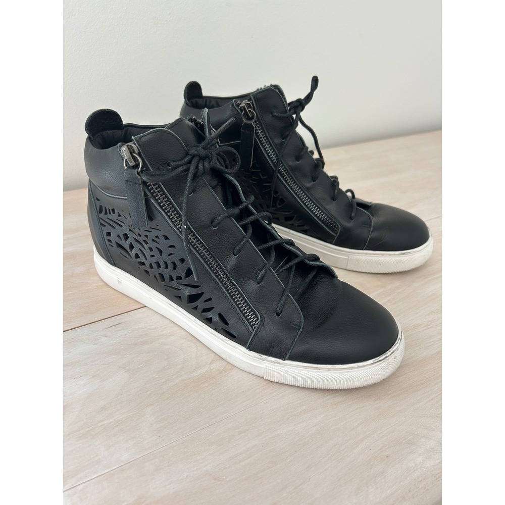 All Black Urban Cut Hi Top Leather Sneakers Laser Cut Zip Black Size 40